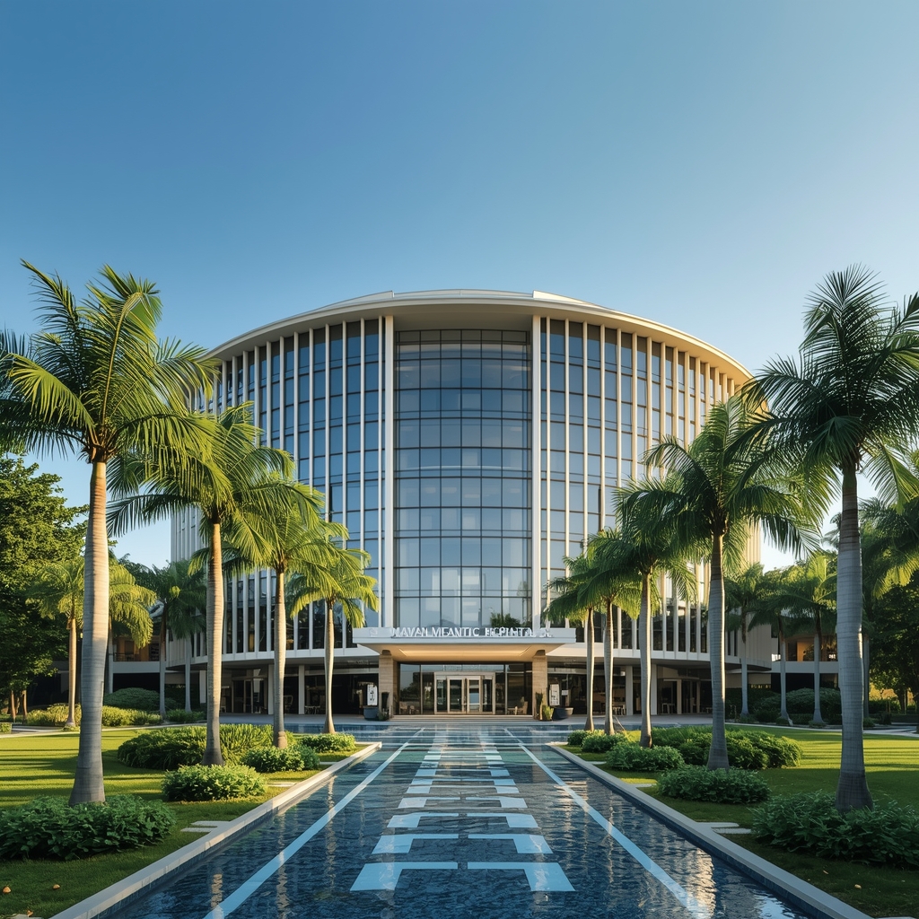 A stunning modern hospital building with glass facade surrounded by lush tropical gardens, palm trees, clear blue sky, luxury medical facility in a tropical destination, warm golden sunlight, architectural photography style